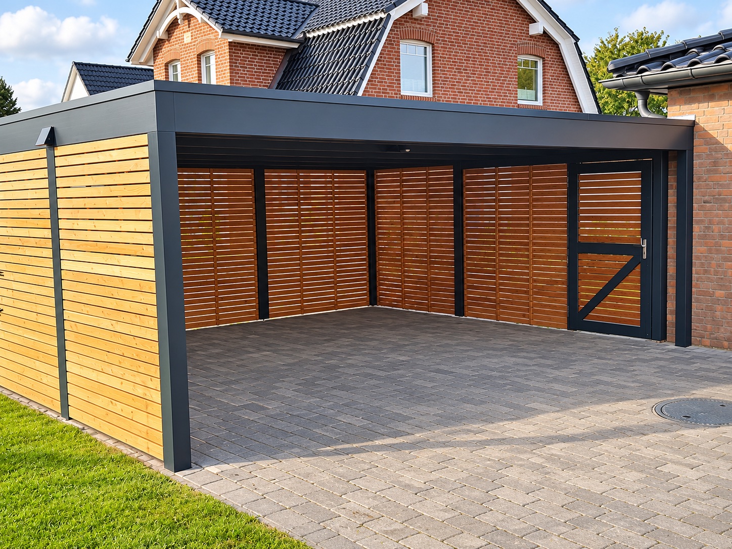 doppelcarport-holz-pfosten-blende-anthrazit-rhombuswaende-braun-tuer-web Flachdach-Doppelcarport aus Holz mit Rhombuswänden und Tür