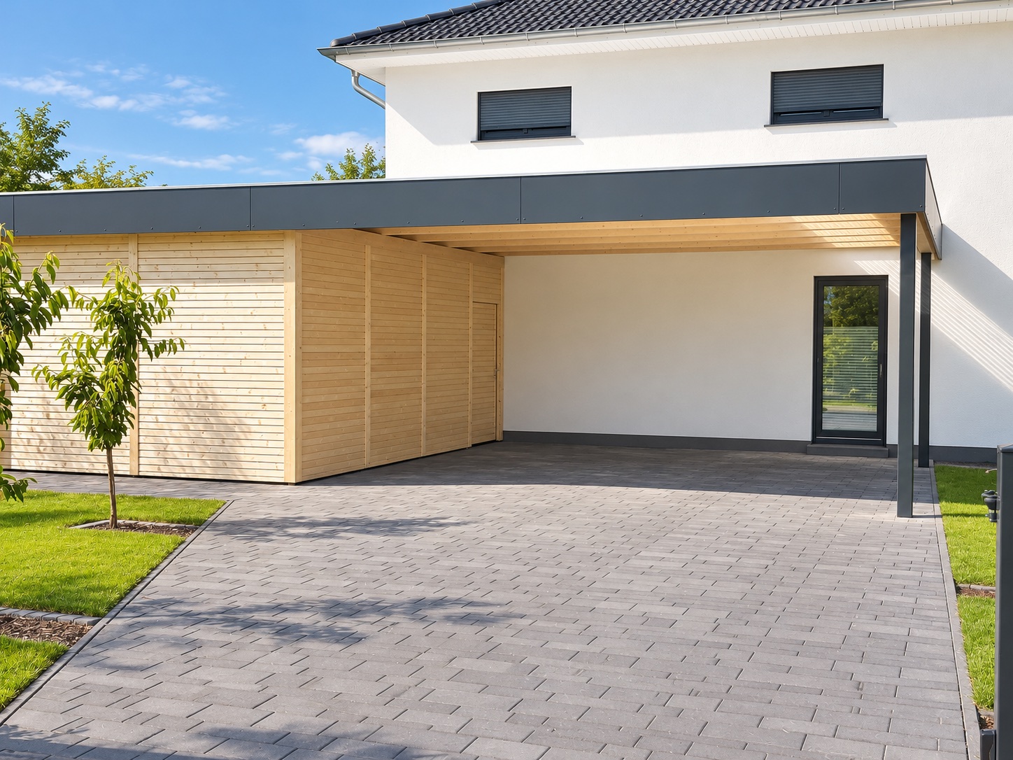 Doppelcarport aus Holz mit Türüberdachung und anthrazitfarbener Blende und Pfosten, darunter ein Abstellraum aus naturfarbenem Holz