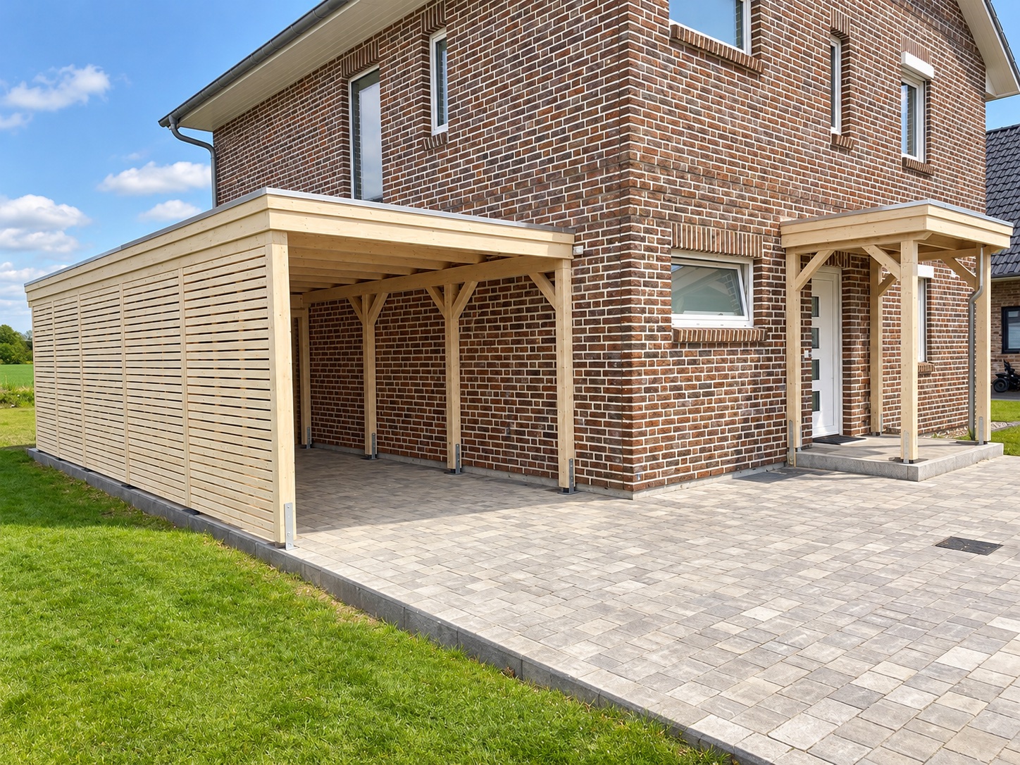 Einzelcarport aus Holz, Wandanbau mit Rhombus-Seitenwänden