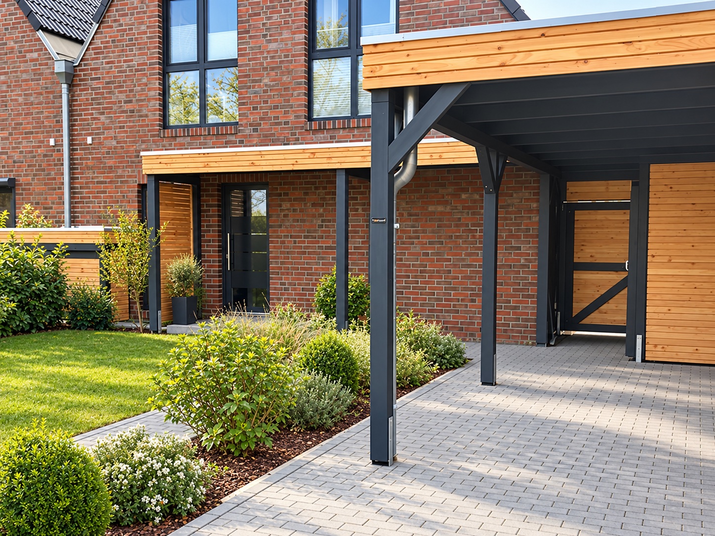 Einzelcarport mit Schuppen und Hauseingangüberdachung