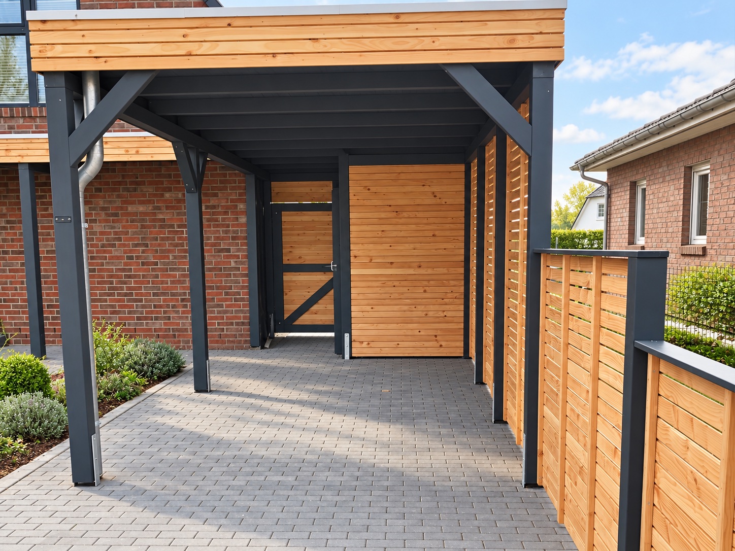 Einzelcarport mit Schuppen und Sichtschutz