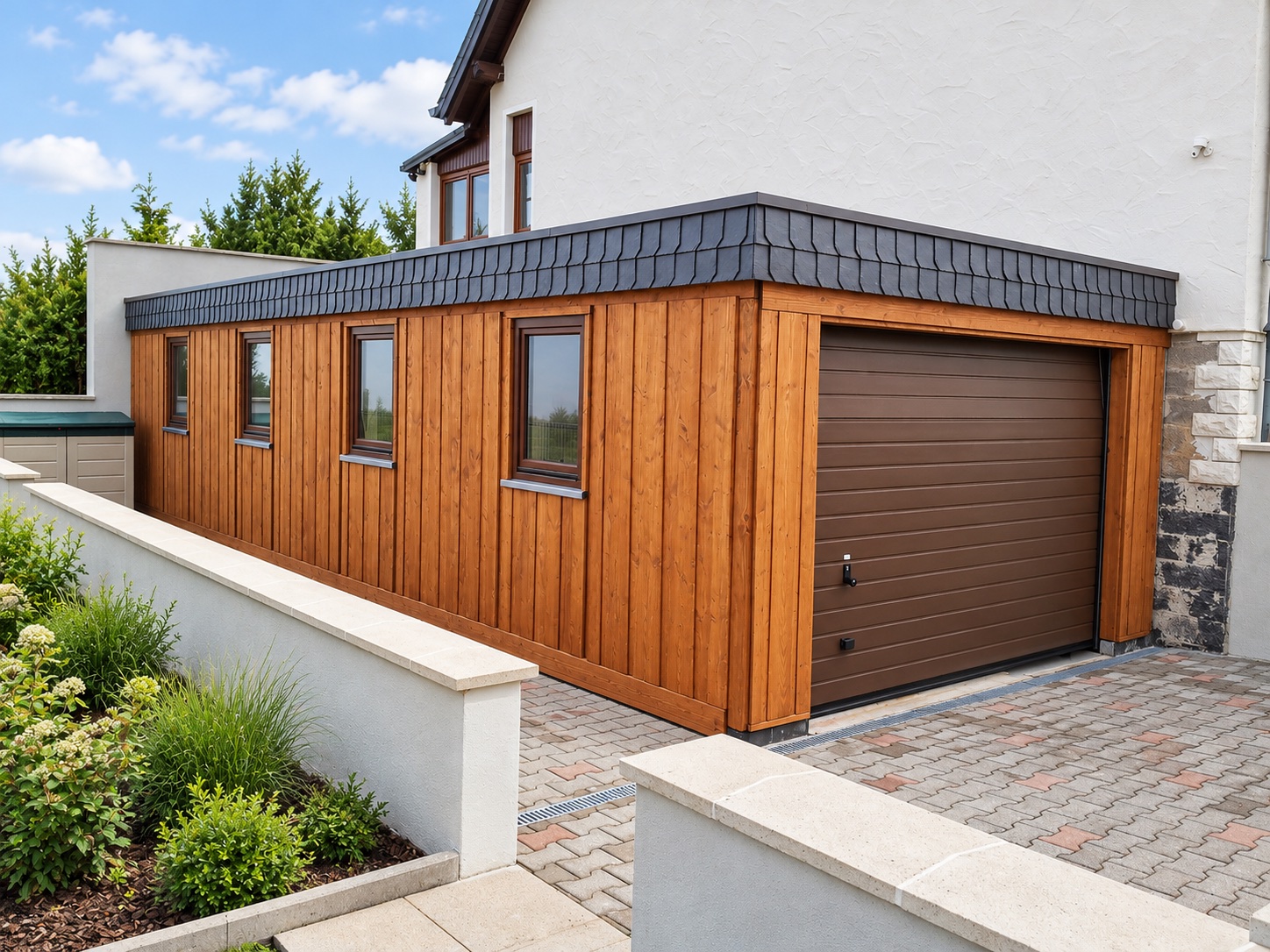 Holzcarport mit Deckelschalung, braun lasiert, Rolltor, Fenstern und einer grauer Schindelblende