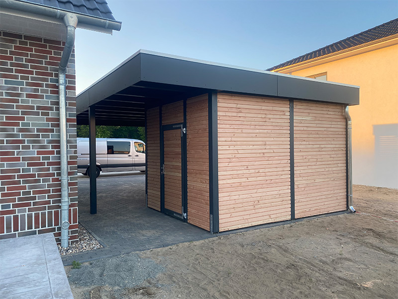 Holzcarport mit Schuppen, Softline Douglasie und HPL-Blende