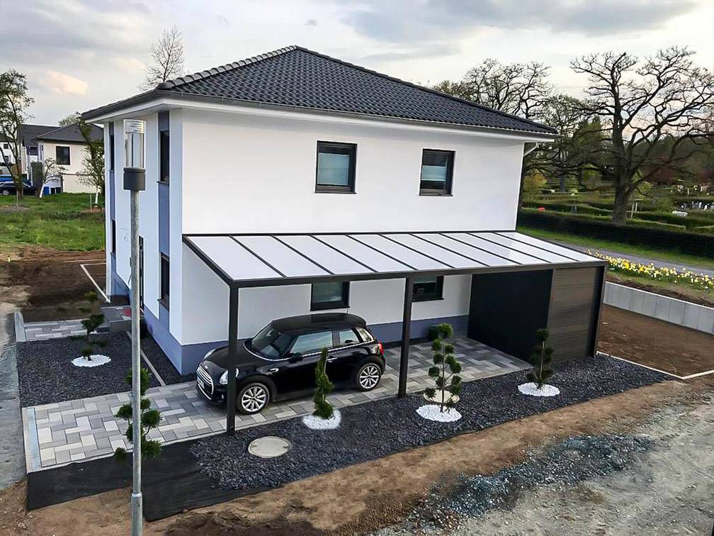 Pultdachcarport aus Metall mit Stauraum