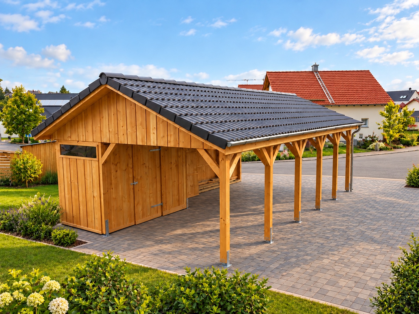 Doppel-Carport Satteldach mit Schuppen