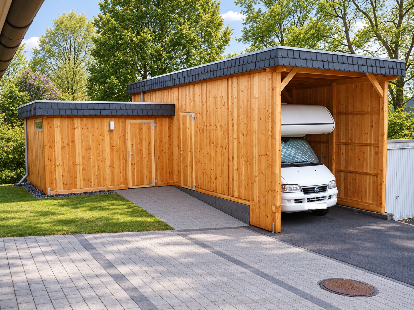 Wohnmobilcarport mit Flachdach und Schindelblende